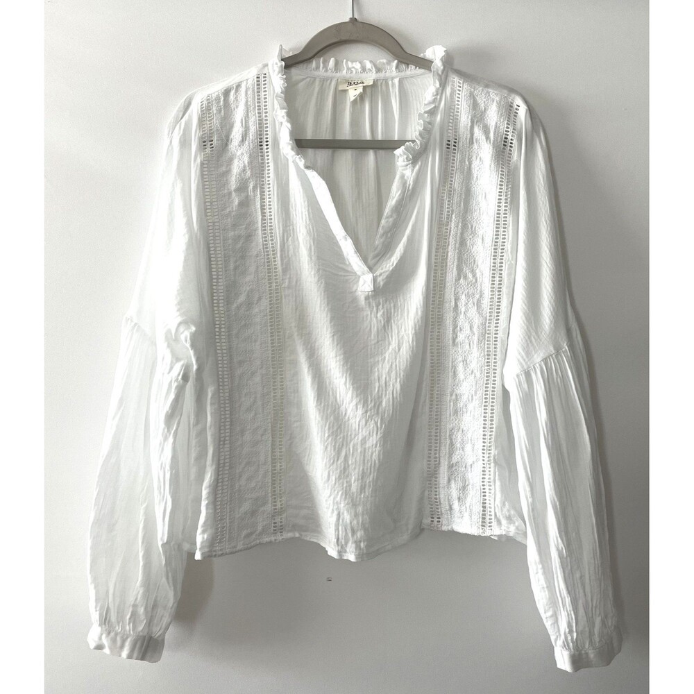 a.n.a White Peasant Blouse Long Sleeve Ruffle Neck Cotton Women Size M-(dp)